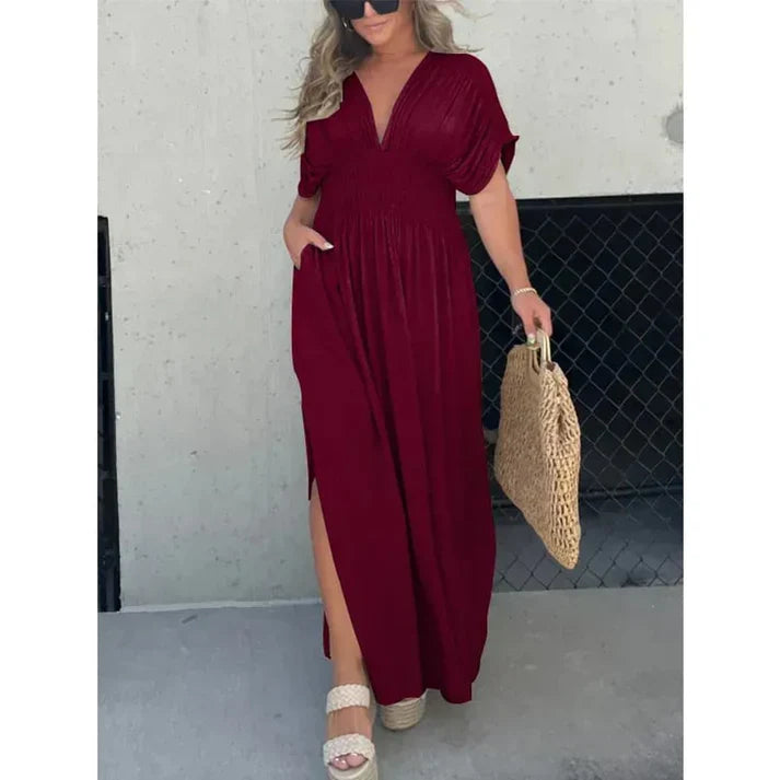 V-neck bat sleeves slit maxi dress