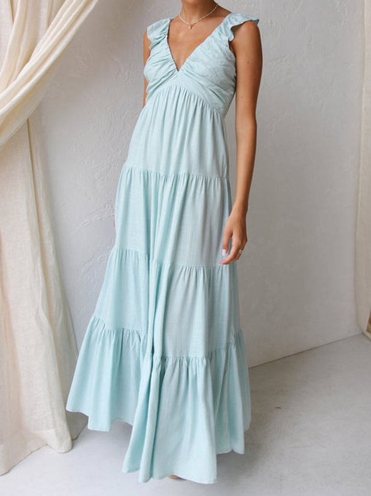 V-neck ruffled suspender holiday maxi dress