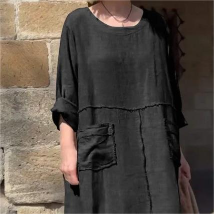 Solid color round neck cotton and linen dress