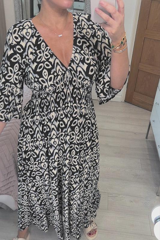 🔥🔥Casual Print V-Neck Waist Wrap Long Dress