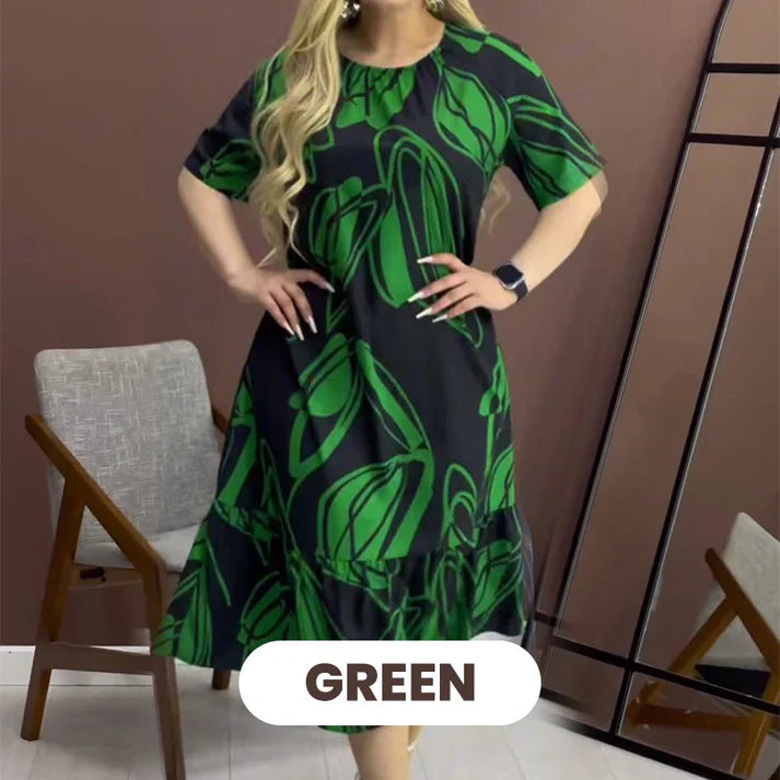 Floral Pattern Round Neck Short Sleeve Dress