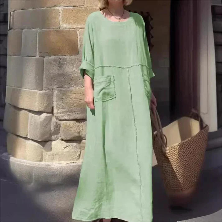 Solid color round neck cotton and linen dress