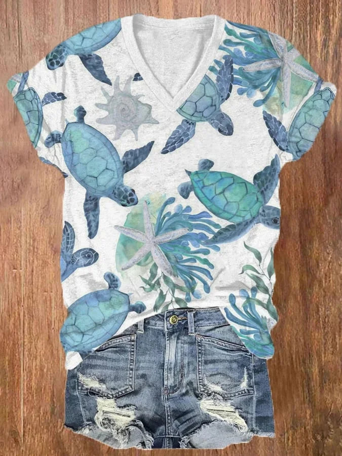 🔥Beach & Vacay🔥Women's Hawaiian Turtle Print Casual V-Neck T-Shirt