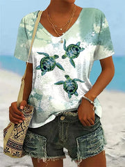 🔥Beach & Vacay🔥Women's Vacation Turtle Print Casual T-Shirt