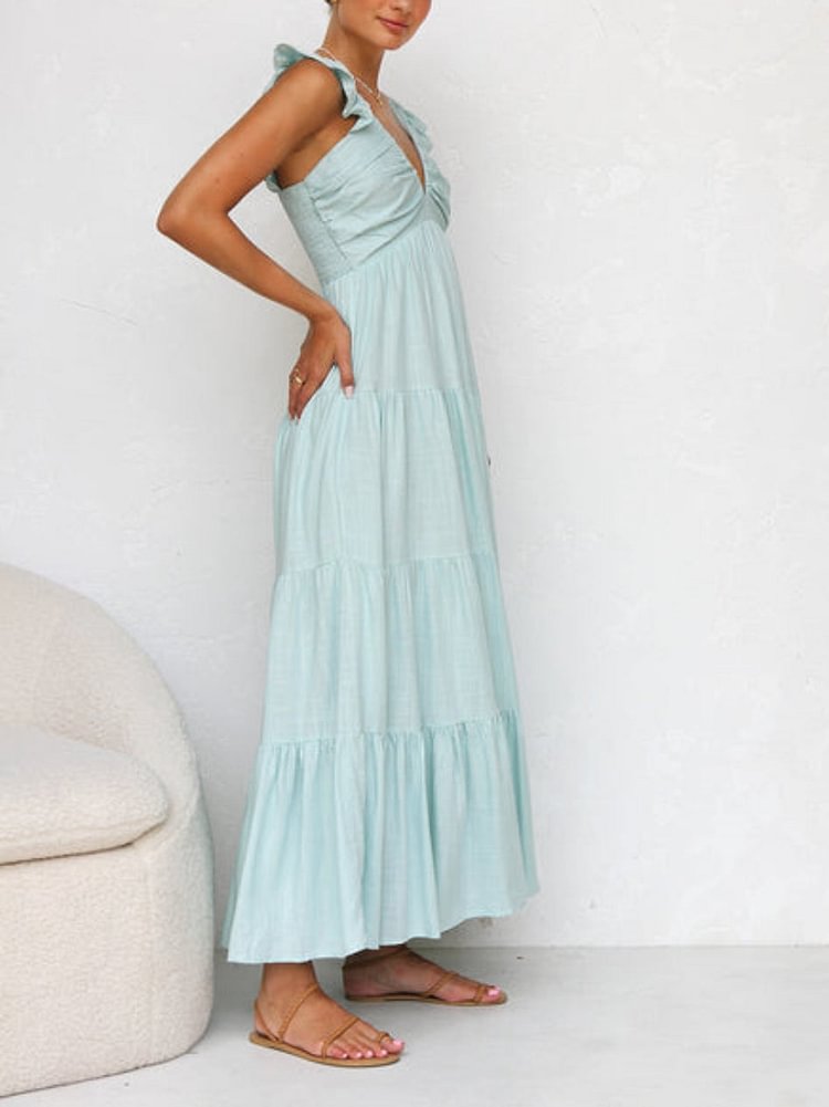 V-neck ruffled suspender holiday maxi dress