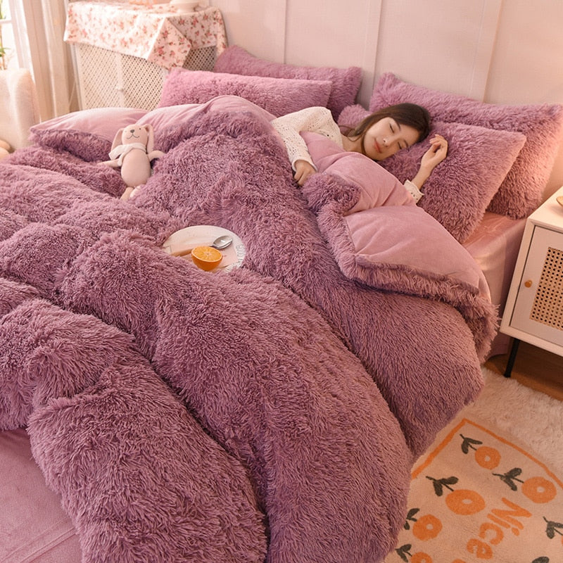 2/3/4Pcs Solid Long Hair King Duvet Cover Set Winte Grey Fannel Fleece Bedding 200*230cm Bedclothes