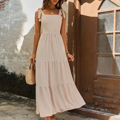 Khaki Back Smocked Tie Sleeveless Maxi Dress