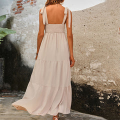 Khaki Back Smocked Tie Sleeveless Maxi Dress