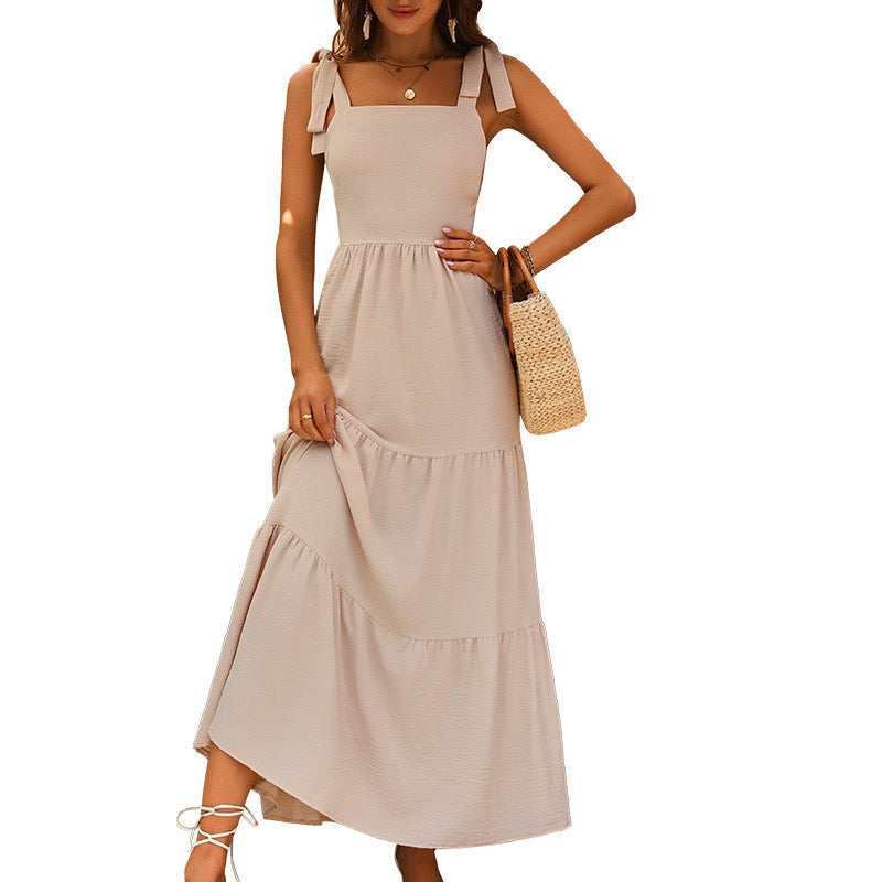 Khaki Back Smocked Tie Sleeveless Maxi Dress