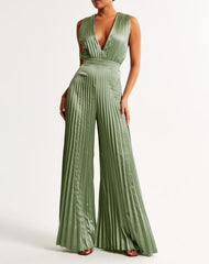 V-neck Tie Backless Pleated Jumpsuit