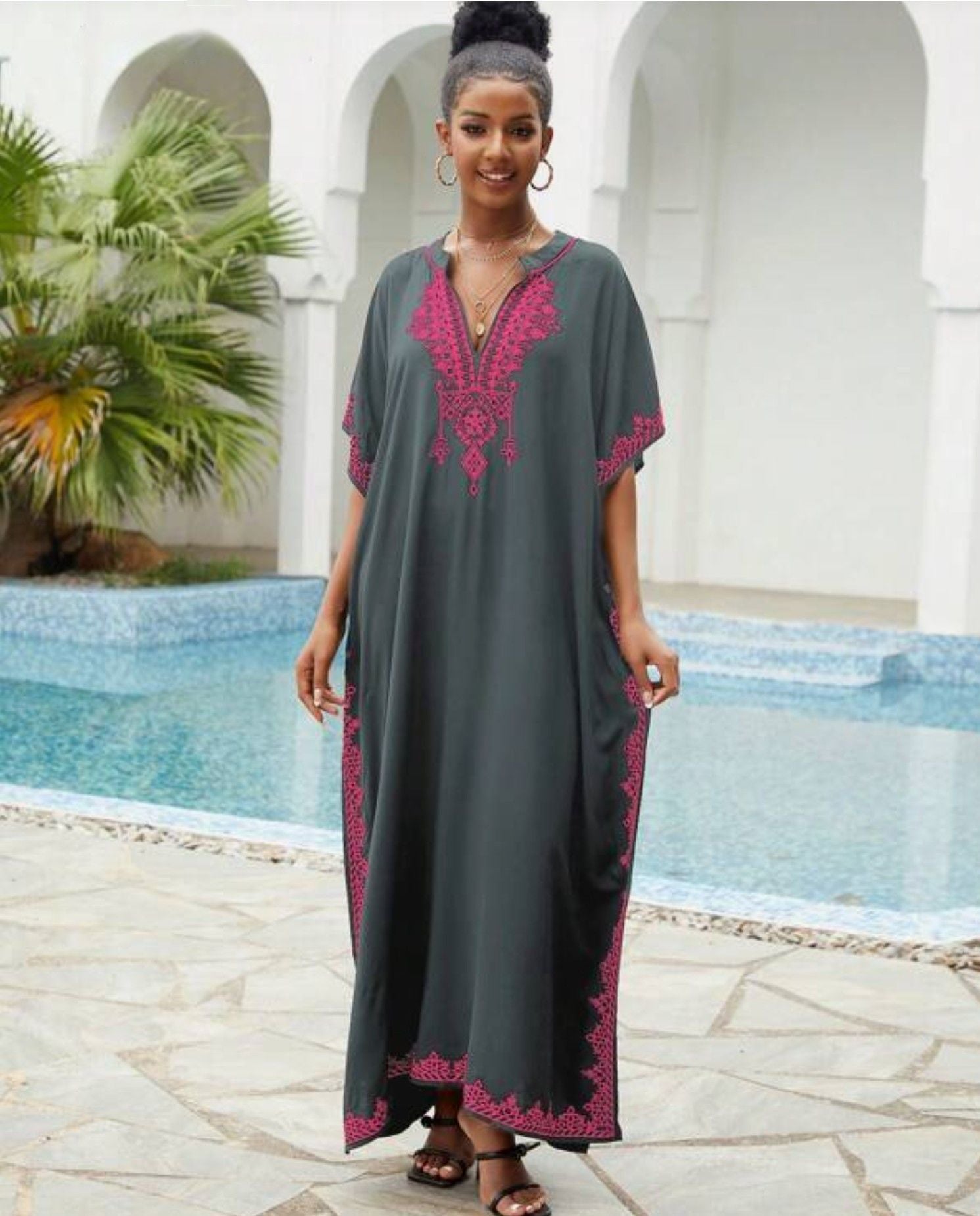 🌸Up to 50% off🔥Embroider Plus Size Kaftan Dress Beach Cover Up for Women Ethnic Print V-Neck Loose Caftan Maxi Dresses