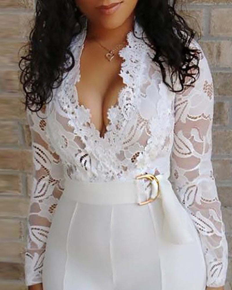 White Scalloped V Neck Long Sleeve Lace Bodice High Waist Jumpsuit