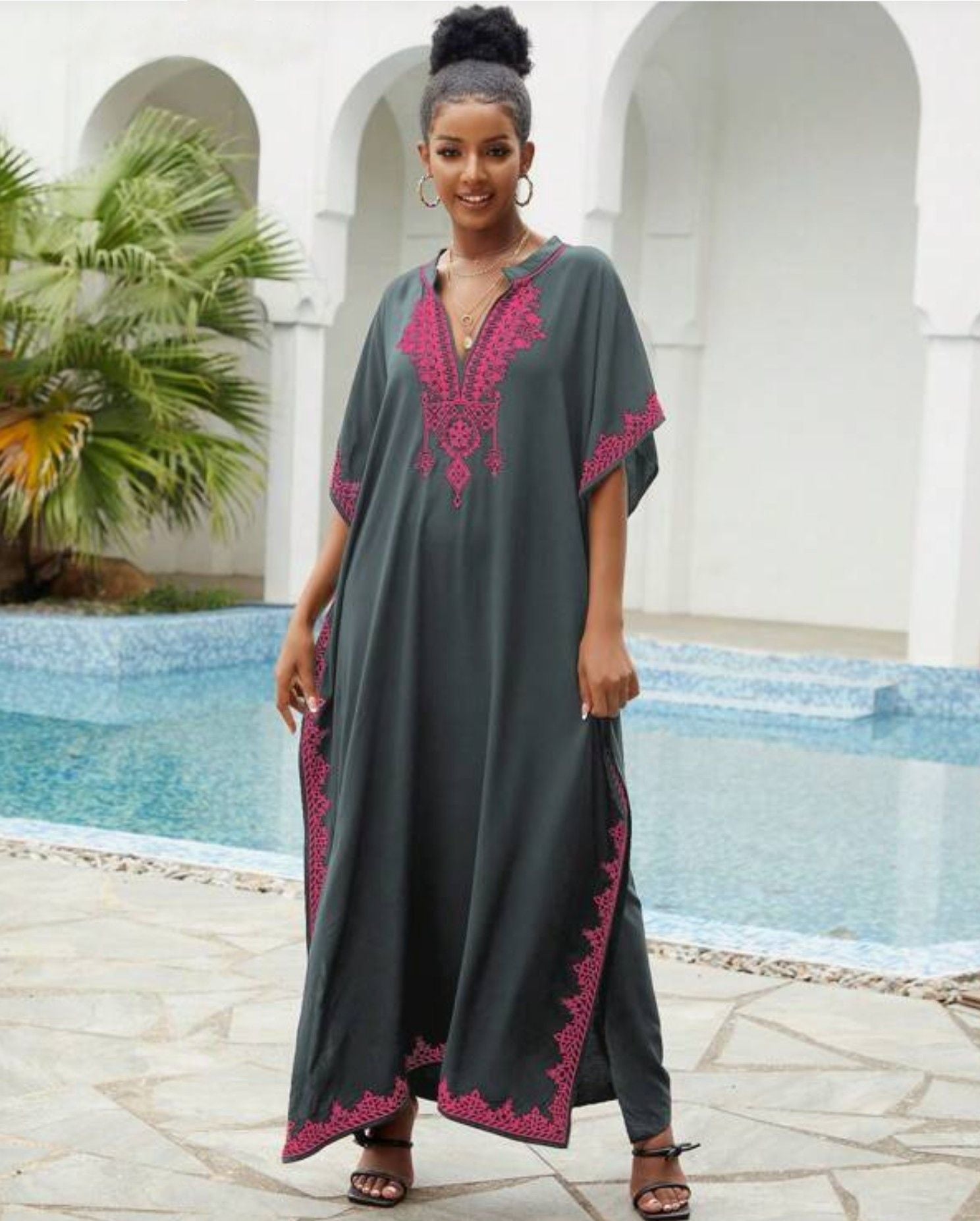 🌸Up to 50% off🔥Embroider Plus Size Kaftan Dress Beach Cover Up for Women Ethnic Print V-Neck Loose Caftan Maxi Dresses