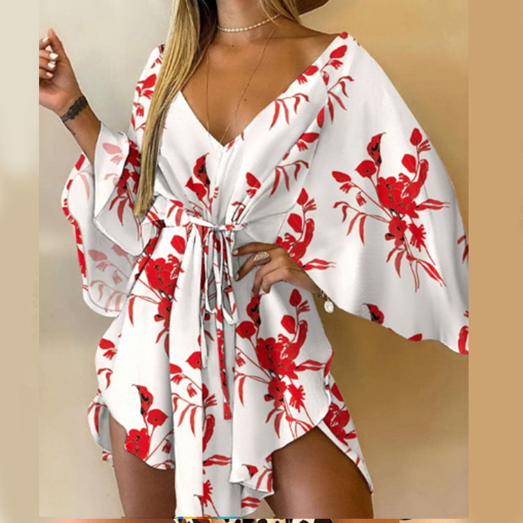 V-Neck Irregular Bat Sleeve Lace-Up Dress