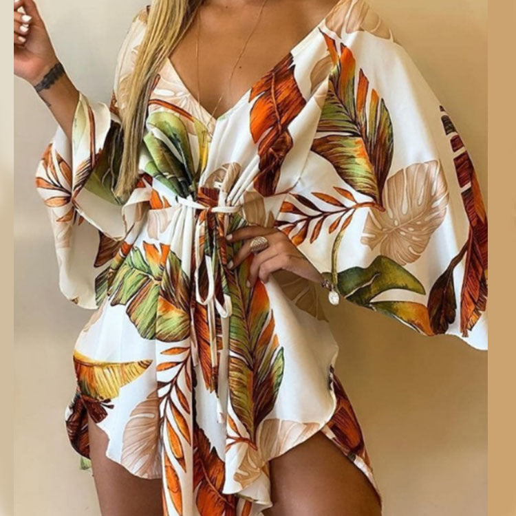 V-Neck Irregular Bat Sleeve Lace-Up Dress