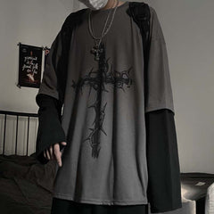 Retro dark print patchwork long-sleeved T-shirt