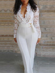 White Scalloped V Neck Long Sleeve Lace Bodice High Waist Jumpsuit