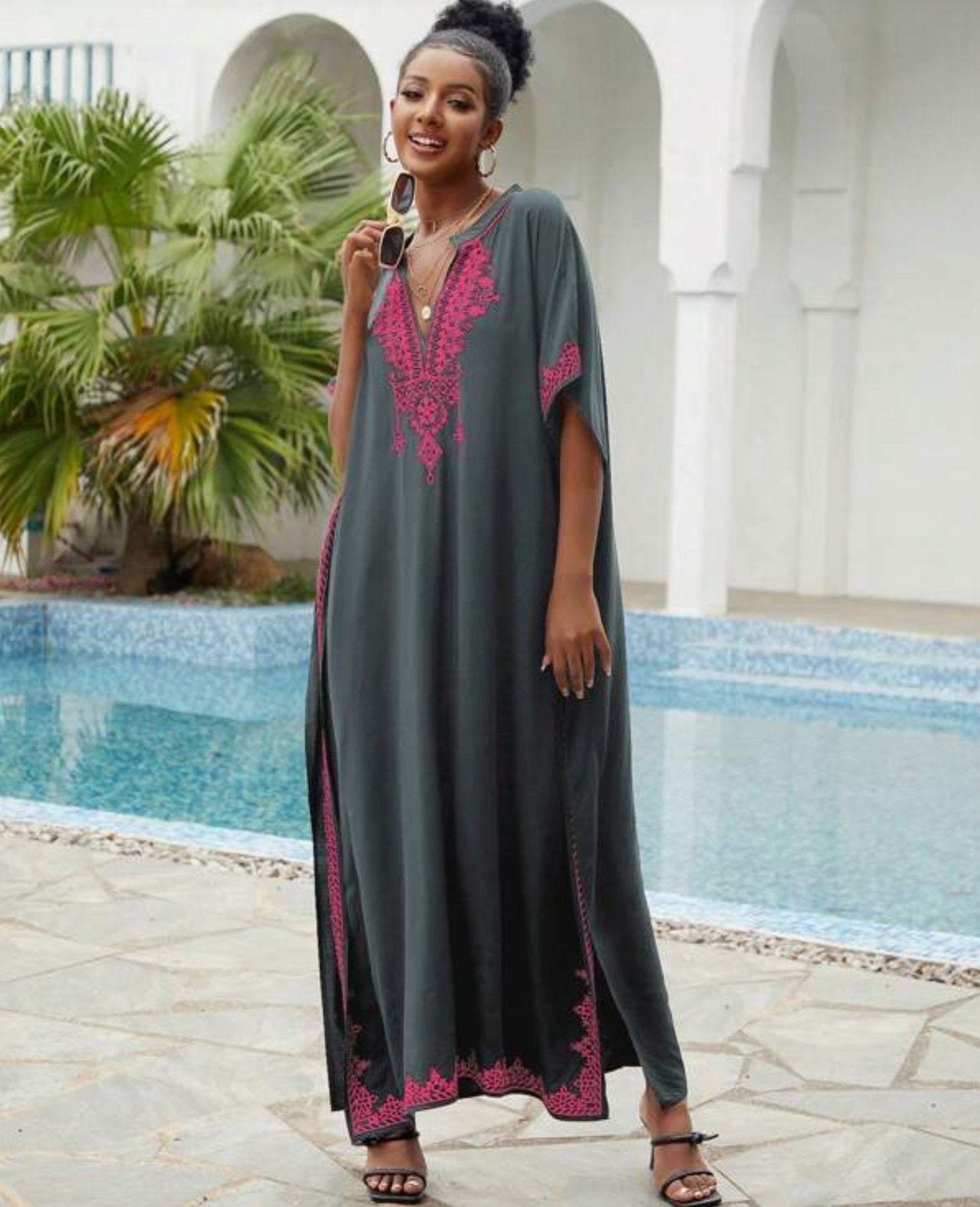 🌸Up to 50% off🔥Embroider Plus Size Kaftan Dress Beach Cover Up for Women Ethnic Print V-Neck Loose Caftan Maxi Dresses