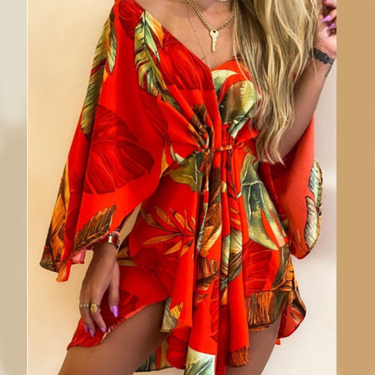 V-Neck Irregular Bat Sleeve Lace-Up Dress