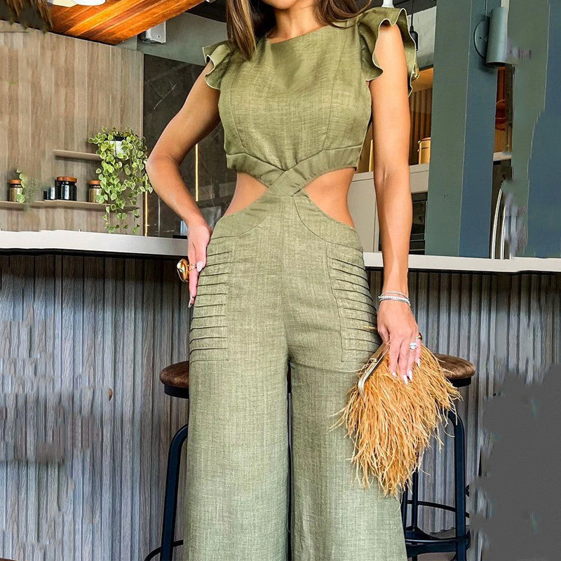 Crew neck ruffled jumpsuit