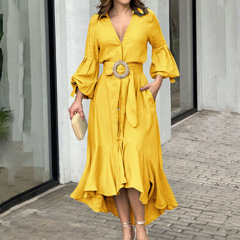 Full Sleeve V-Neck Lapel Pocket Long Dress