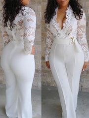 White Scalloped V Neck Long Sleeve Lace Bodice High Waist Jumpsuit