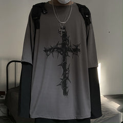 Retro dark print patchwork long-sleeved T-shirt