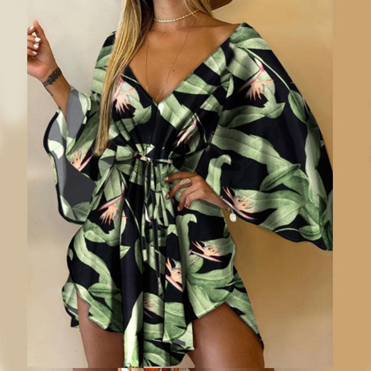 V-Neck Irregular Bat Sleeve Lace-Up Dress