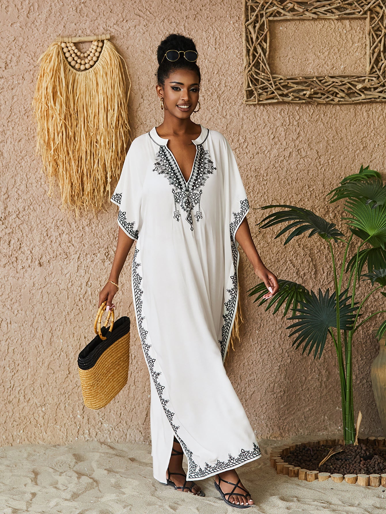 🌸Up to 50% off🔥Embroider Plus Size Kaftan Dress Beach Cover Up for Women Ethnic Print V-Neck Loose Caftan Maxi Dresses