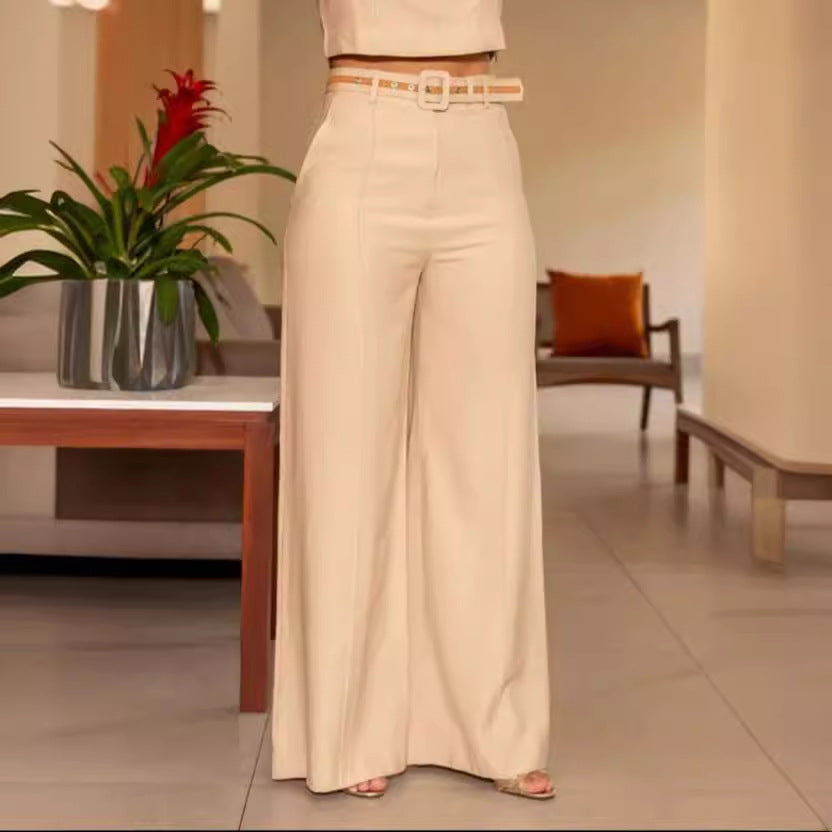 Solid Color Crew Neck Sleeveless High Waist Wide Leg Pants Set