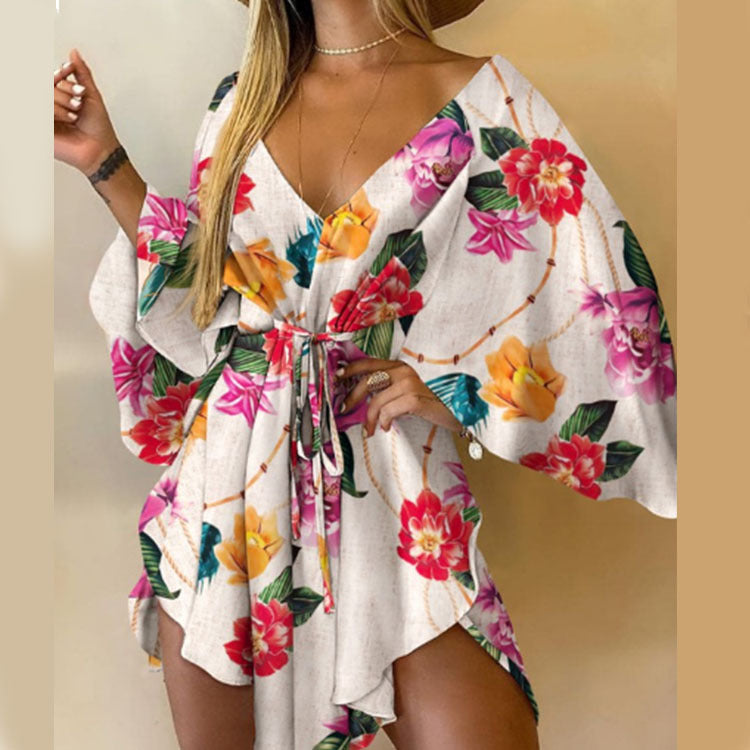 V-Neck Irregular Bat Sleeve Lace-Up Dress