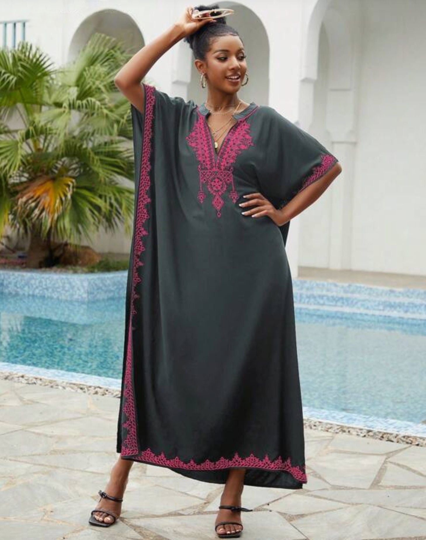 🌸Up to 50% off🔥Embroider Plus Size Kaftan Dress Beach Cover Up for Women Ethnic Print V-Neck Loose Caftan Maxi Dresses