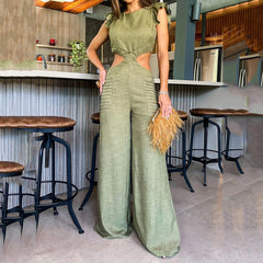 Crew neck ruffled jumpsuit