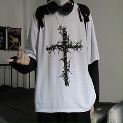 Retro dark print patchwork long-sleeved T-shirt