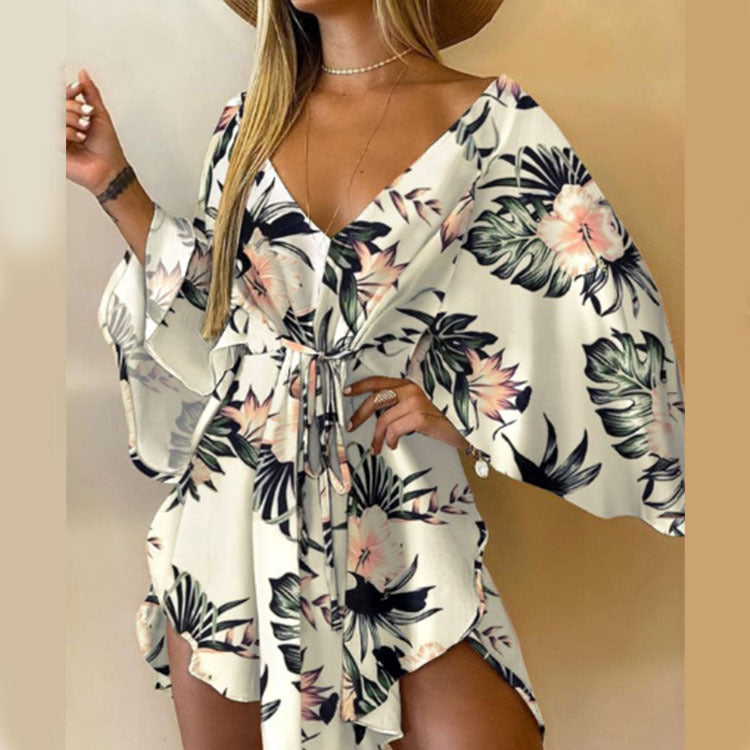 V-Neck Irregular Bat Sleeve Lace-Up Dress