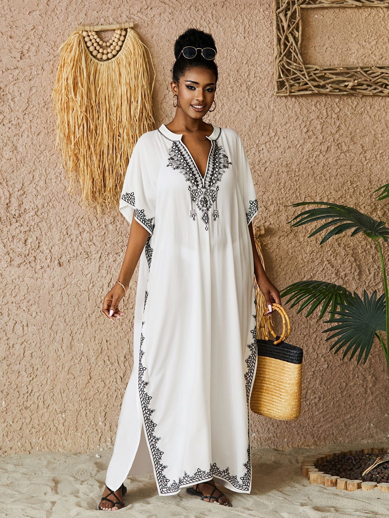 🌸Up to 50% off🔥Embroider Plus Size Kaftan Dress Beach Cover Up for Women Ethnic Print V-Neck Loose Caftan Maxi Dresses