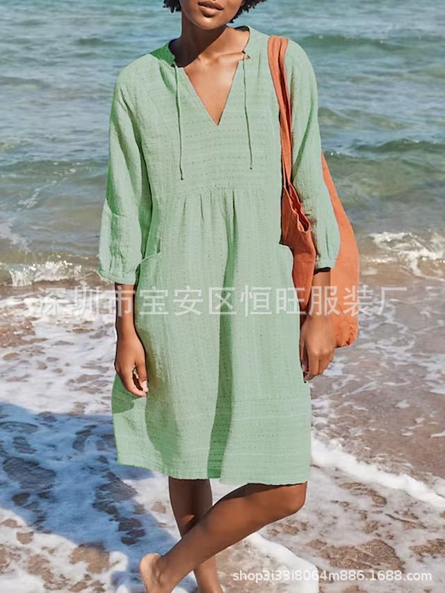 Jacquard Cotton and Linen Loose Pocket Dress