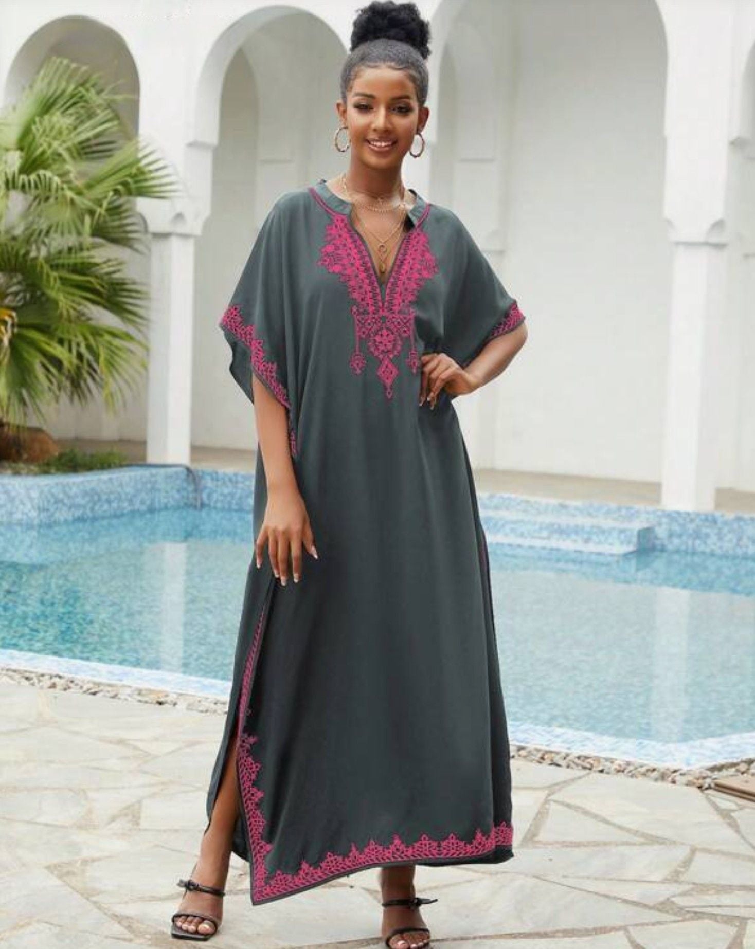 🌸Up to 50% off🔥Embroider Plus Size Kaftan Dress Beach Cover Up for Women Ethnic Print V-Neck Loose Caftan Maxi Dresses