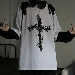 Retro dark print patchwork long-sleeved T-shirt