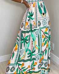 ONE-SHOULDER NIPPED-WAIST PRINTED MAXI DRESS