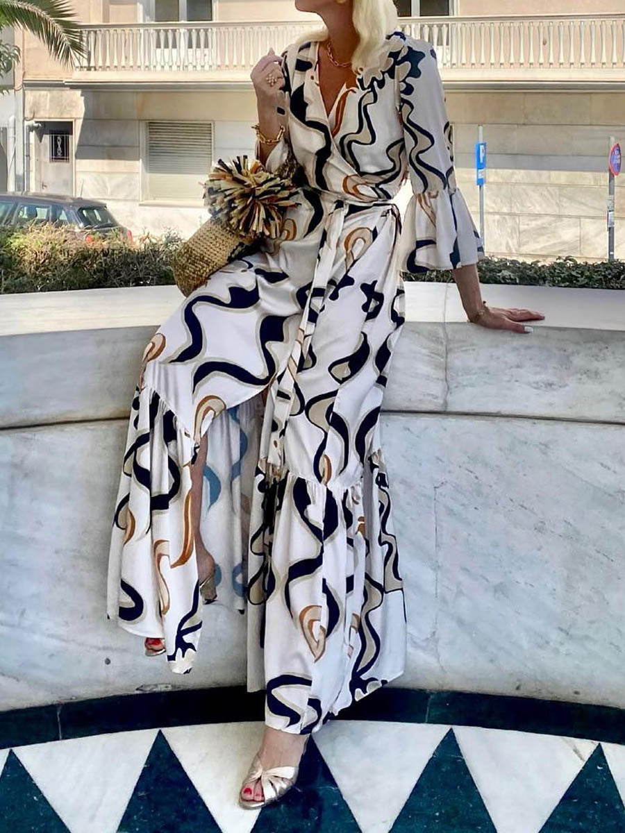Printed V Neck Wrap Dress