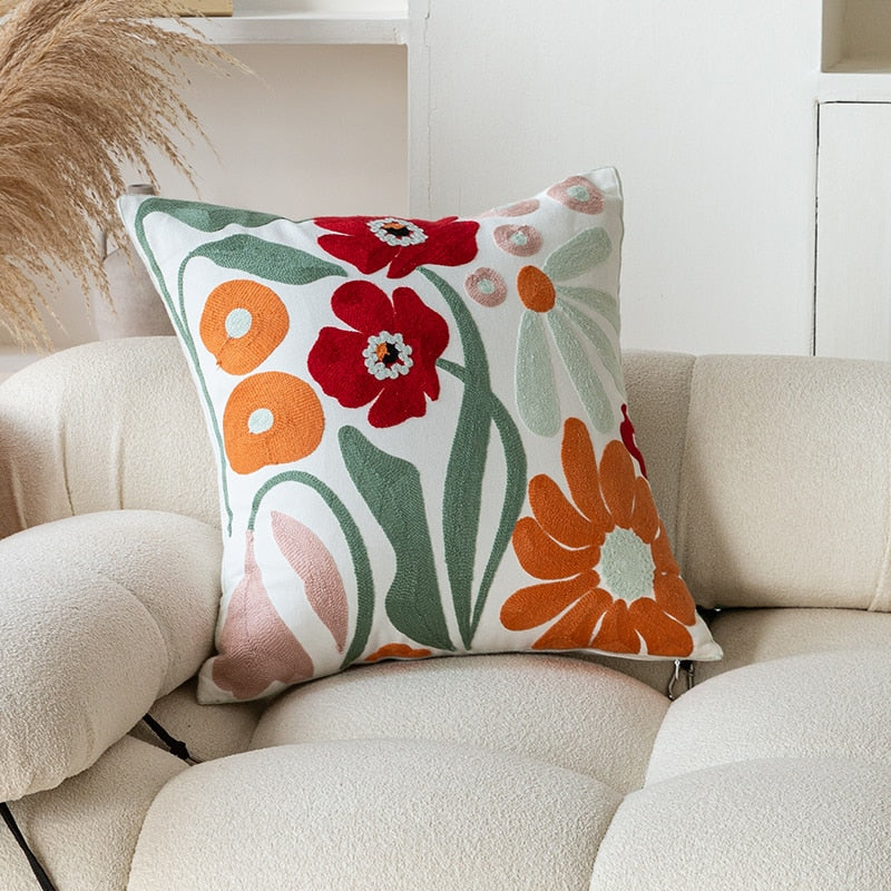 Retro Tulips Orchid flower Embroidered Pillowcase Cushion Cover Morden Casual Cotton Case Sofa Bedroom Decro 45x45cm