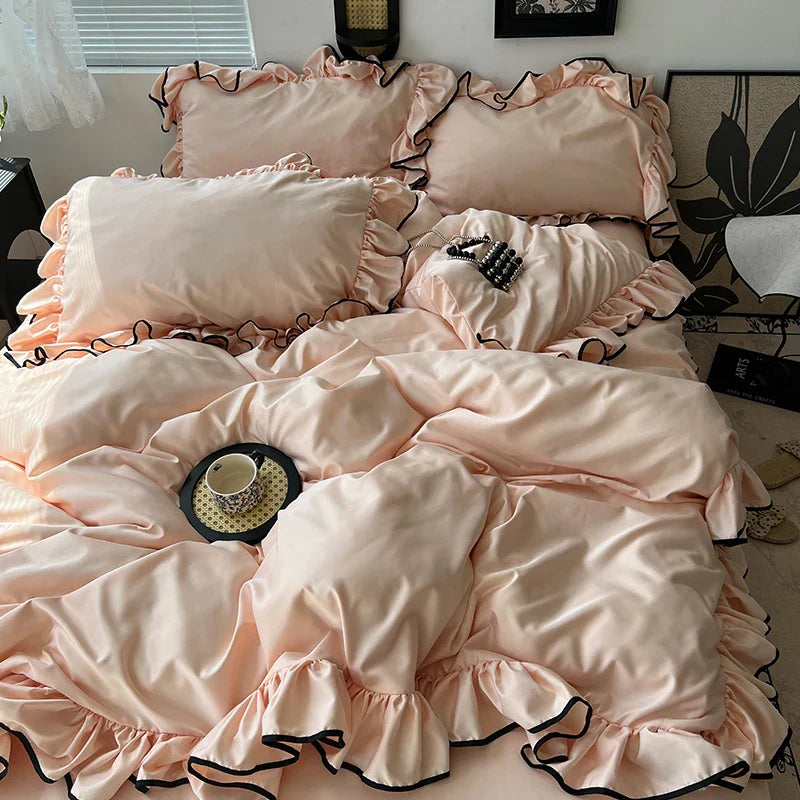 3/4Pcs Korean Princess Style Ruffles Bedding Set Skin-friendly Soft Silky Cool Feeling Duvet Cover Set Bed Sheet Pillowcases