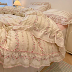 2/3Pc Korean Princess Style Floral Ruffles Bedding Set Single Queen Size Soft Skin-friendly Washed Cotton Duvet Cover Pillowcase