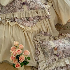 4/5Pcs Vintage French Style Flowers Pleated Lace Ruffles Bedding Set Egyptian Cotton Duvet Cover Bed Skirt Bed Sheet Pillowcases