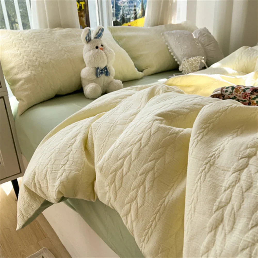 Knitted Washed Cotton Bed Four Piece Set with Ins Style Simple and High-end Feeling, Bed Sheet Duvet Set Three Piece Set