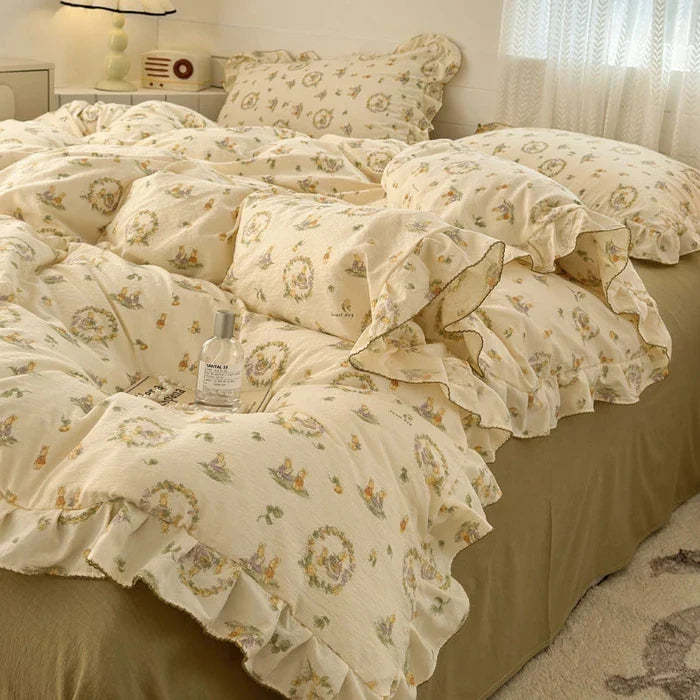 2025 Princess Style Bedding Sets Ruffle Lace Bow Quilt Cover Romantic Bedclothes Decor Woman Girls Bedroom Duvet Cover 4pcs
