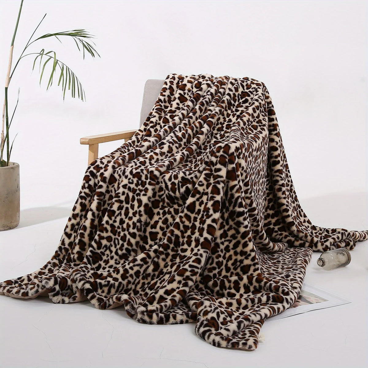 1pc Faux Rabbit Fur Leopard Print Double-layer Lunch Break Blanket, Sofa Couch Home Throw Blanket Nap Blanket