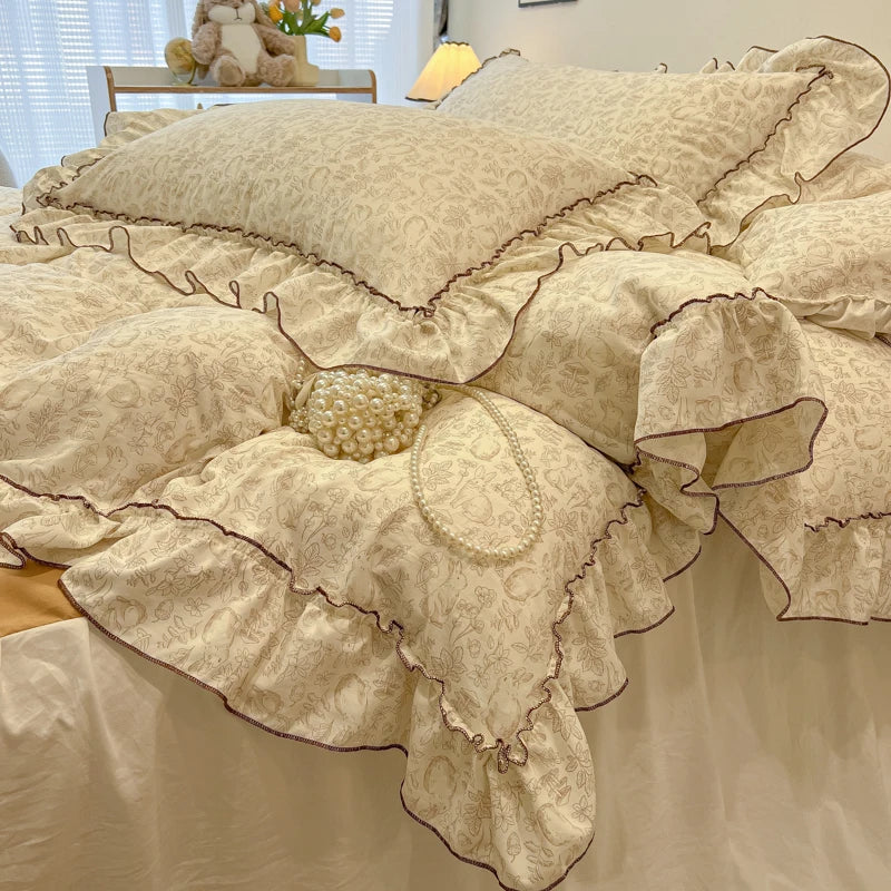 2/3Pc Korean Princess Style Floral Ruffles Bedding Set Single Queen Size Soft Skin-friendly Washed Cotton Duvet Cover Pillowcase