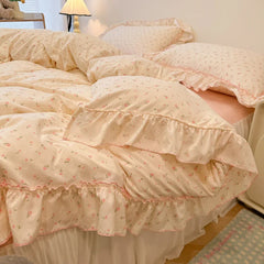 2/3Pc Korean Princess Style Floral Ruffles Bedding Set Single Queen Size Soft Skin-friendly Washed Cotton Duvet Cover Pillowcase